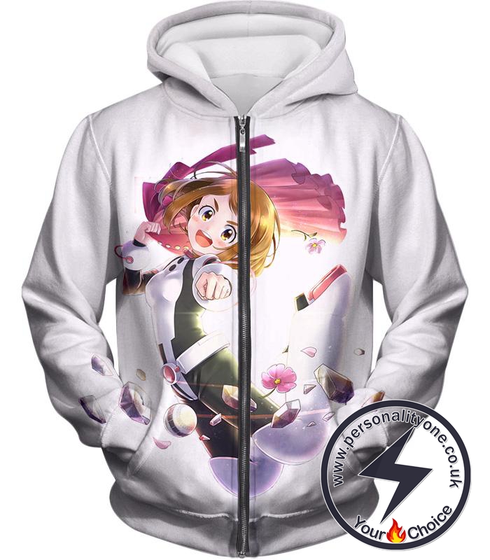 My Hero Academia Zero Gravity Ochaco Uraraka Fan White Zip Up Hoodie